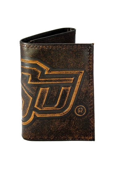 Oklahoma State Cowboys Men's Collegiate Trifold Leather Wallet. Brown Burnished Full Grain Finish With Large Debossed Logo