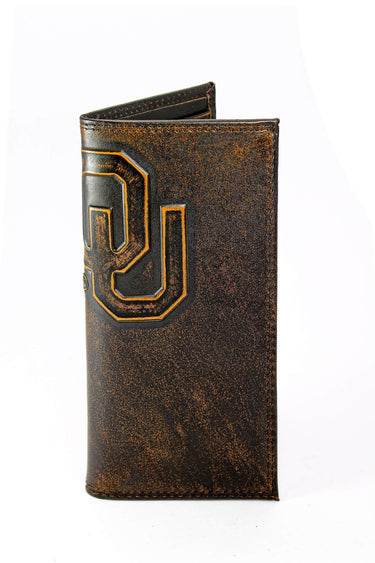 Oklahoma Sooners Men's Collegiate Secretary Leather Wallet. Brown Burnished Full Grain Finish With Large Debossed Logo
