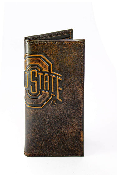 Ohio State Buckeyes Men's Collegiate Secretary Leather Wallet. Brown Burnished Full Grain Finish With Large Debossed Logo