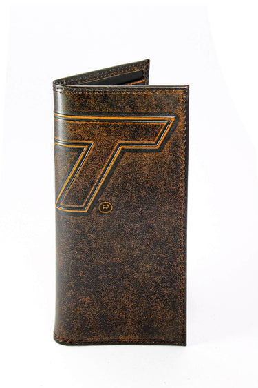 Virginia Tech Hokies Men's Collegiate Secretary Leather Wallet. Brown Burnished Full Grain Finish With Large Debossed Logo