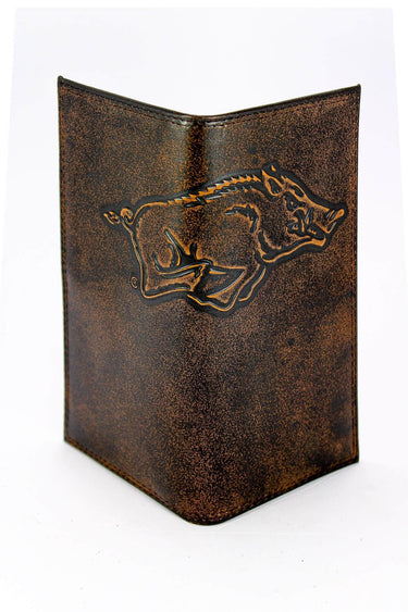 Arkansas Razorbacks Men's Collegiate Secretary Leather Wallet. Brown Burnished Full Grain Finish With Large Debossed Logo
