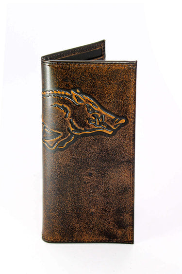Arkansas Razorbacks Men's Collegiate Secretary Leather Wallet. Brown Burnished Full Grain Finish With Large Debossed Logo