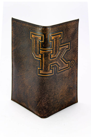 Kentucky Wildcats Men's Collegiate Secretary Leather Wallet. Brown Burnished Full Grain Finish With Large Debossed Logo