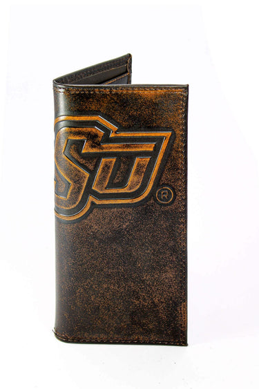 Oklahoma State Cowboys Men's Collegiate Secretary Leather Wallet. Brown Burnished Full Grain Finish With Large Debossed Logo
