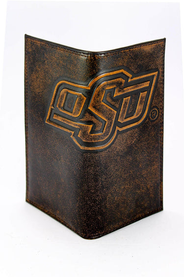 Oklahoma State Cowboys Men's Collegiate Secretary Leather Wallet. Brown Burnished Full Grain Finish With Large Debossed Logo