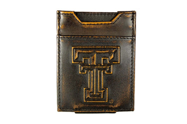 Texas Tech Red Raiders Men's Collegiate Magnetic Front Pocket Leather Wallet. Brown Burnished Full Grain Finish With Debossed Logo