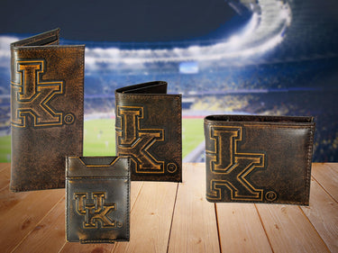 Kentucky Wildcats Men's Collegiate Magnetic Front Pocket Leather Wallet. Brown Burnished Full Grain Finish With Debossed Logo
