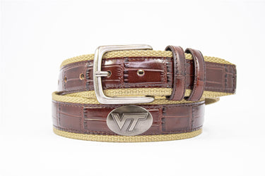Virginia Tech Hokies Khaki Webbed Belt With Croc Leather Inlay | Collegiate Casual Game Day Belt
