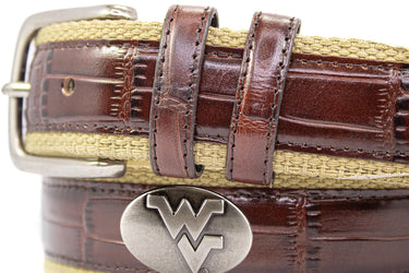 West Virginia Mountaineers Khaki Webbed Belt With Croc Leather Inlay | Collegiate Casual Game Day Belt