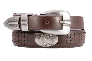 Florida State Seminoles Men's Collegiate Brown Braided Leather Belt. Metal Emblem Conchos.