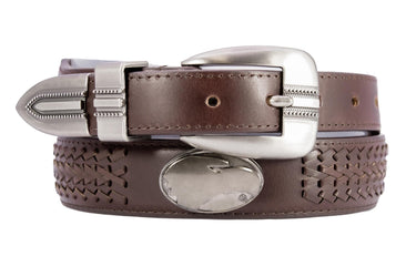 Georgia Southern Eagles Men's Collegiate Brown Braided Leather Belt. Metal Emblem Conchos.