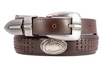 Penn State Nittany Lions Men's Collegiate Brown Braided Leather Belt. Metal Emblem Conchos.