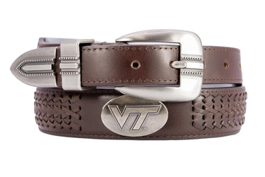 Virginia Tech Hokies Men's Collegiate Brown Braided Leather Belt. Metal Emblem Conchos.