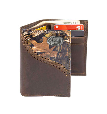 Florida Gators Camo Corner Leather Wallet – Bifold, Trifold or Tall Roper – Silver Emblem Gift.