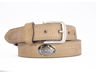 Bass Men's Leather Belt - Crazy-horse Finish With Silver Metal Emblem - Outdoor Rugged Belt.