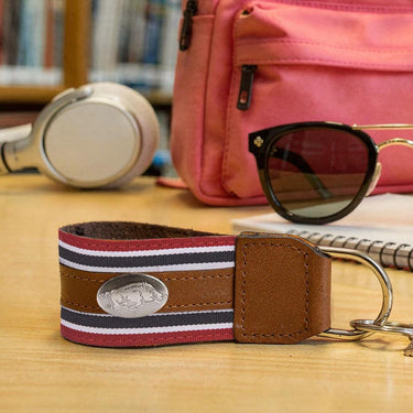 Arkansas Razorbacks Collegiate Grosgrain Ribbon Key Chain with Leather Accent and Silver Emblem.