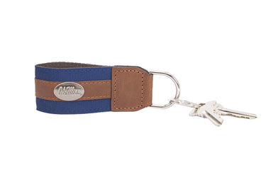 Ole Miss Rebels Collegiate Grosgrain Ribbon Key Chain with Leather Accent and Silver Emblem.