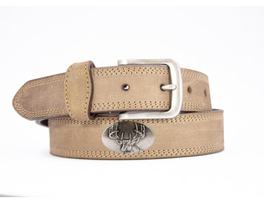 Buck Men's Leather Belt - Crazy-horse Finish With Silver Metal Emblem - Outdoor Rugged Belt.