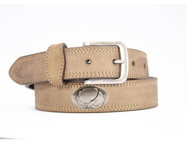 Cotton Boll Men's Leather Belt - Crazy-horse Finish With Silver Metal Emblem - Outdoor Rugged Belt.