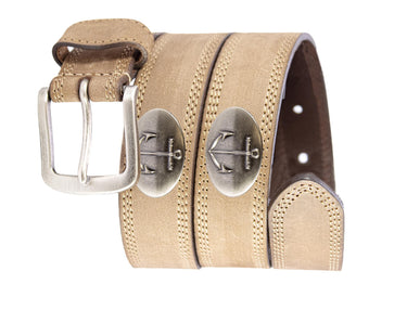 Anchor Men's Leather Belt - Crazy-horse Finish With Silver Metal Emblem - Outdoor Rugged Belt.