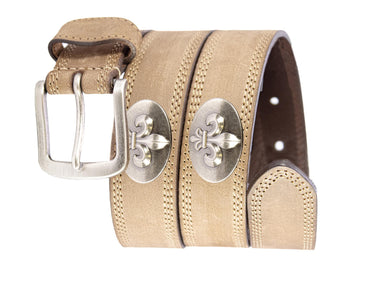 Fleur De Lis Men's Leather Belt - Crazy-horse Finish With Silver Metal Emblem - Outdoor Rugged Belt.