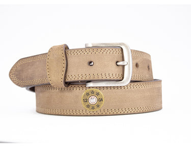 Shotshell Men's Leather Belt - Crazy-horse Finish With Silver Metal Emblem - Outdoor Rugged Belt.
