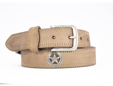 Texas Star Men's Leather Belt - Crazy-horse Finish With Silver Metal Emblem - Outdoor Rugged Belt.