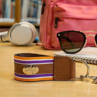 Clemson Tigers Collegiate Grosgrain Ribbon Key Chain with Leather Accent and Silver Emblem.