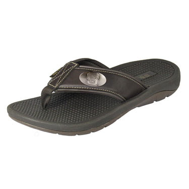 NC State Wolfpack Men's Collegiate Flip Flop Sandal. Brown Straps With Metal Concho Logo. Cushioned Insole and Non-skid Outsole.