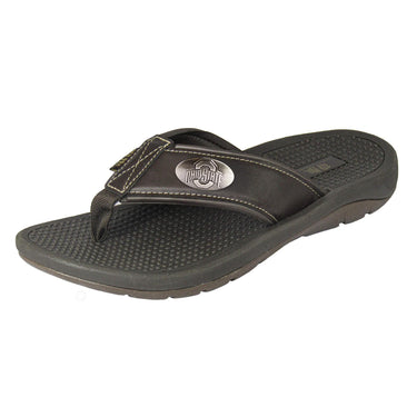 Ohio State Buckeyes Men's Collegiate Flip Flop Sandal. Brown Straps With Metal Concho Logo. Cushioned Insole and Non-skid Outsole.