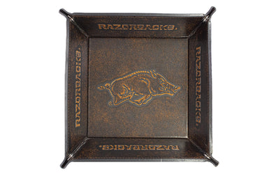 Arkansas Razorbacks Men's Collegiate Valet Tray, Catch-all, Desk Organizer, Nightstand Tray. Brown Burnished Full Grain Leather Finish.