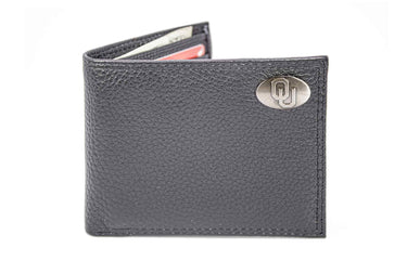 Oklahoma Sooners Pebble Grain Leather Wallet – Bifold, Trifold, Tall Roper & Slim Front Pocket – Black or Brown – Executive Style