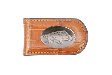Arkansas Razorbacks Leather Magnetic Money Clip Wallet - Silver Emblem Fan Gift - 6 Colors