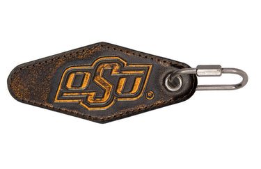 Oklahoma State Cowboys Collegiate Full Grain Leather Key Fob. Brown Burnished Embossed Keychain.
