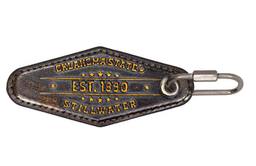 Oklahoma State Cowboys Collegiate Full Grain Leather Key Fob. Brown Burnished Embossed Keychain.