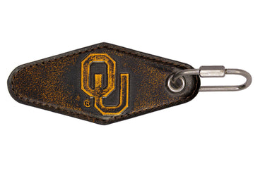 Oklahoma Sooners Collegiate Full Grain Leather Key Fob. Brown Burnished Keychain