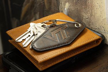 Virginia Tech Hokies Collegiate Full Grain Leather Key Fob. Brown Burnished Keychain