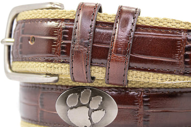 Clemson Tigers Khaki Webbed Belt With Croc Leather Inlay | Collegiate Casual Game Day Belt