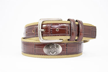 Ohio State Buckeyes Khaki Webbed Belt With Croc Leather Inlay | Collegiate Casual Game Day Belt