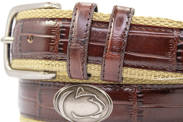 Penn State Nittany Lions Khaki Webbed Belt With Croc Leather Inlay | Collegiate Casual Game Day Belt