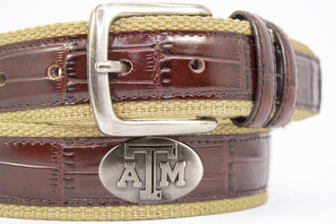 Texas A&M Aggies Khaki Webbed Belt With Croc Leather Inlay | Collegiate Casual Game Day Belt