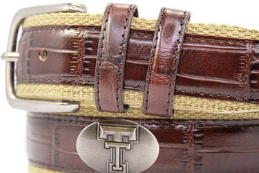Texas Tech Red Raiders Khaki Webbed Belt With Croc Leather Inlay | Collegiate Casual Game Day Belt