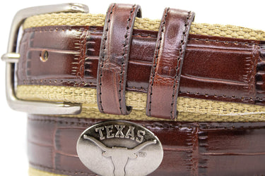 Texas Longhorns Khaki Webbed Belt With Croc Leather Inlay | Collegiate Casual Game Day Belt