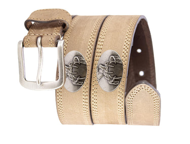 Buck Men's Leather Belt - Crazy-horse Finish With Silver Metal Emblem - Outdoor Rugged Belt.