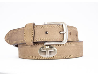 Cross Men's Leather Belt - Crazy-horse Finish With Silver Metal Emblem - Outdoor Rugged Belt.
