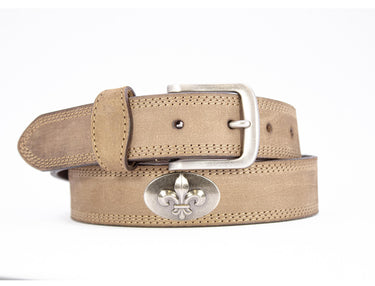 Fleur De Lis Men's Leather Belt - Crazy-horse Finish With Silver Metal Emblem - Outdoor Rugged Belt.