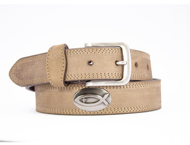 Jesus Fish Men's Leather Belt - Crazy-horse Finish With Silver Metal Emblem - Outdoor Rugged Belt.