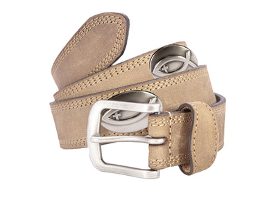 Jesus Fish Men's Leather Belt - Crazy-horse Finish With Silver Metal Emblem - Outdoor Rugged Belt.