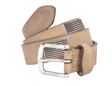 USA Flag Men's Leather Belt - Crazy-horse Finish With Silver Metal Emblem - Outdoor Rugged Belt.