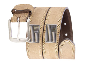 USA Flag Men's Leather Belt - Crazy-horse Finish With Silver Metal Emblem - Outdoor Rugged Belt.